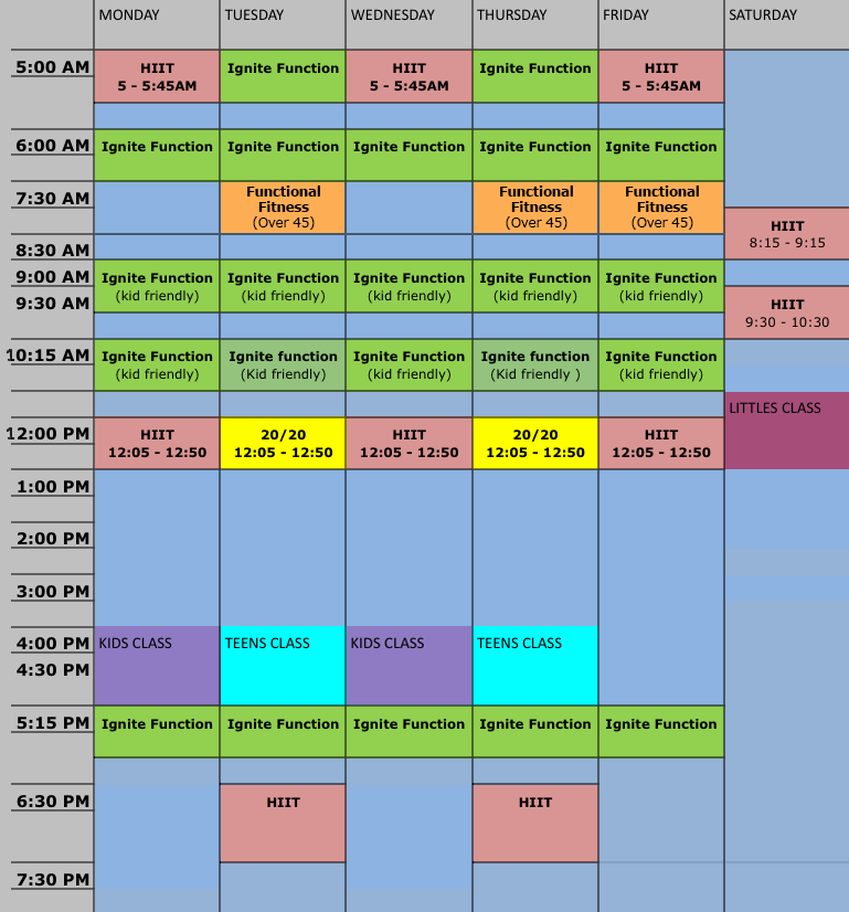 Ignite Fitness weekly class timetable, Monday to Saturday, listing Ignite Function, HIIT, 20/20, Functional Fitness (Over 45), and the kids, teens and littles classes with their start times. Call 306-861-2590 for class times.